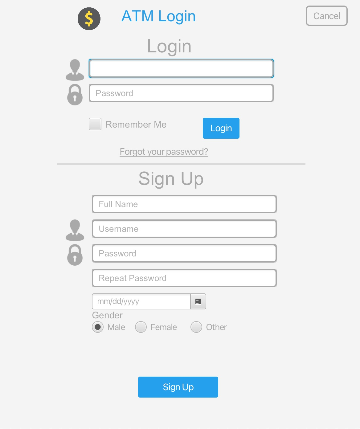 Screenshot showing the Java ATM's login page.